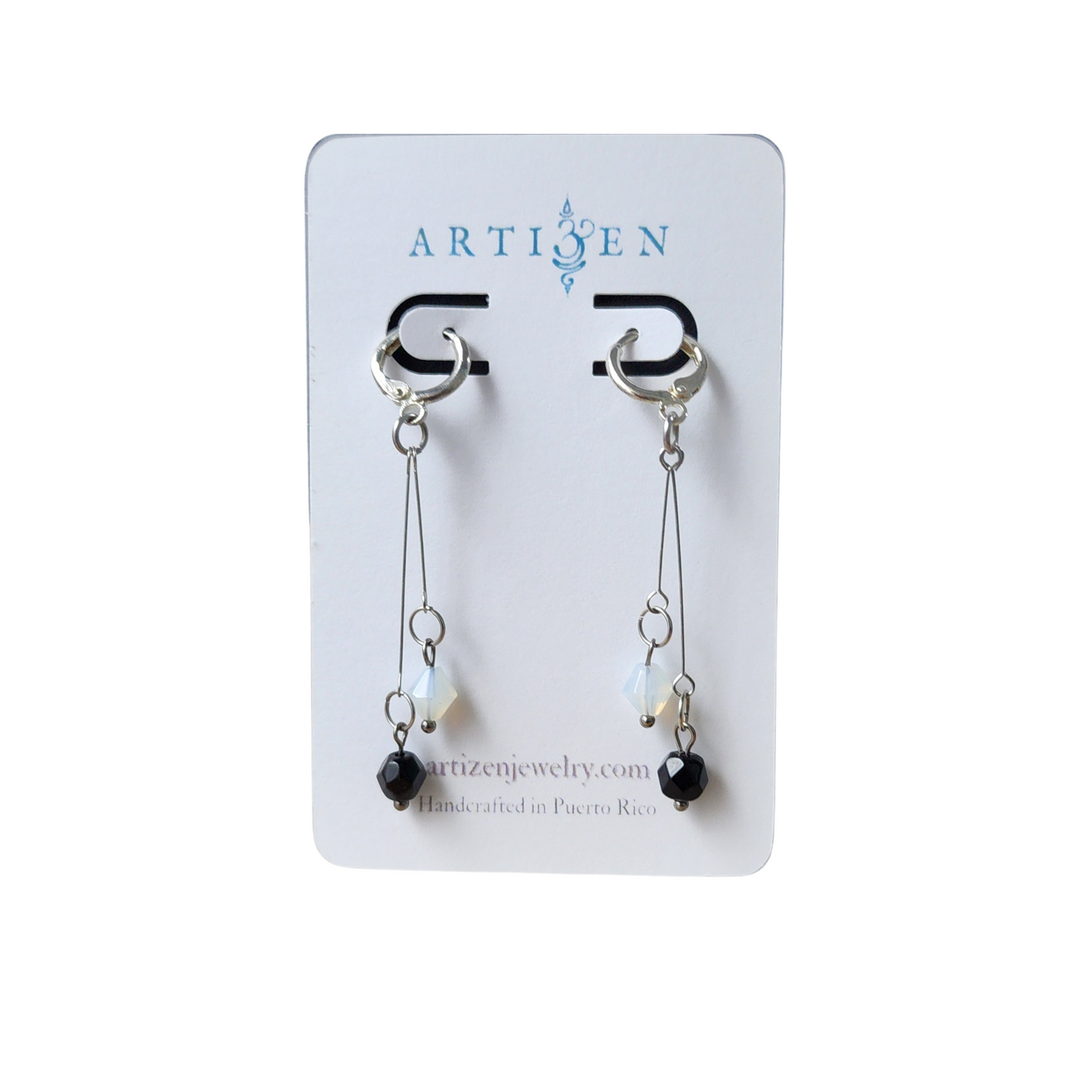 Modern Minimal Earrings | Onyx and Moonstone Glass Long Dangles with Sterling Silver plated Round Leverbacks