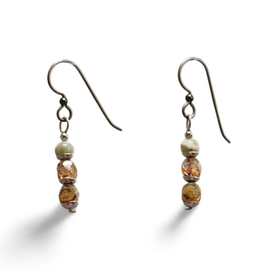 'Victoria' Earrings, Moss Agate and Picasso Czech Glass with Niobium French wires