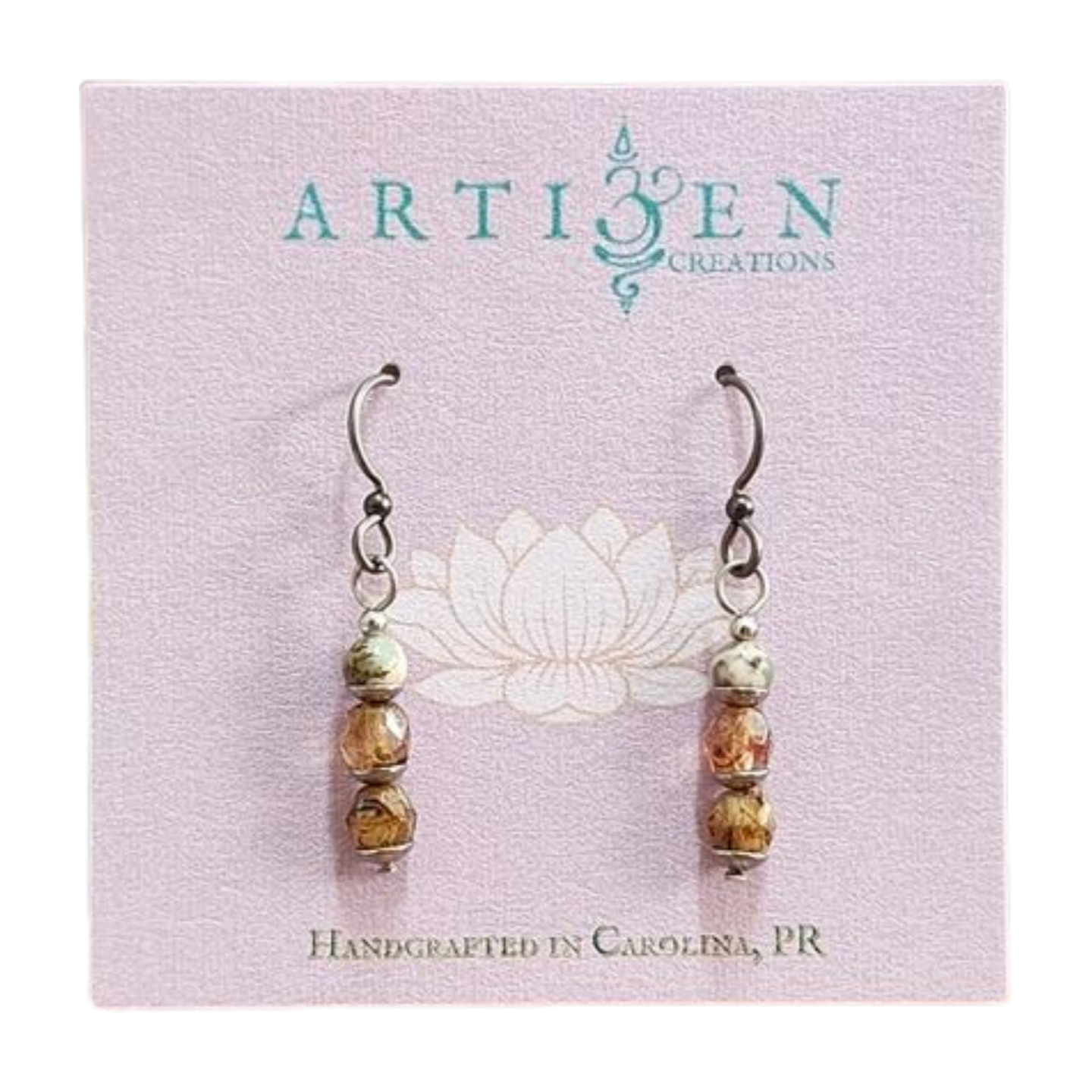 'Victoria' Earrings, Moss Agate and Picasso Czech Glass with Niobium French wires
