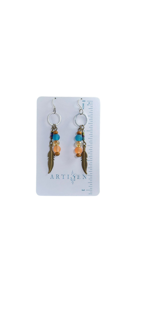 'Hippie Sunset', Eclectic Artisan Earrings with Mixed-Tone Metals, Wood and Colorful beads