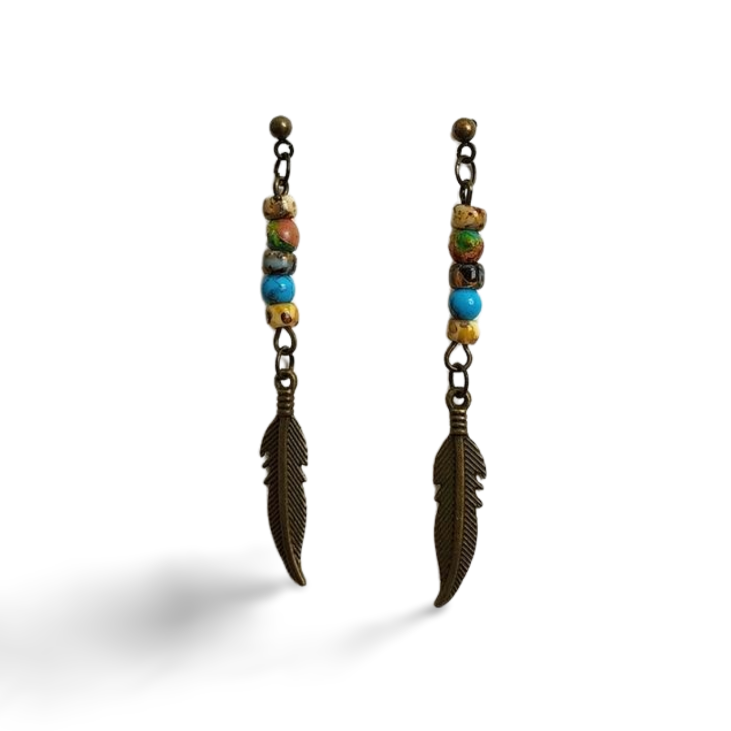 Nativa: Vintage Bronze-tone, Picasso Glass & Feather Charm, Ball-post Earrings