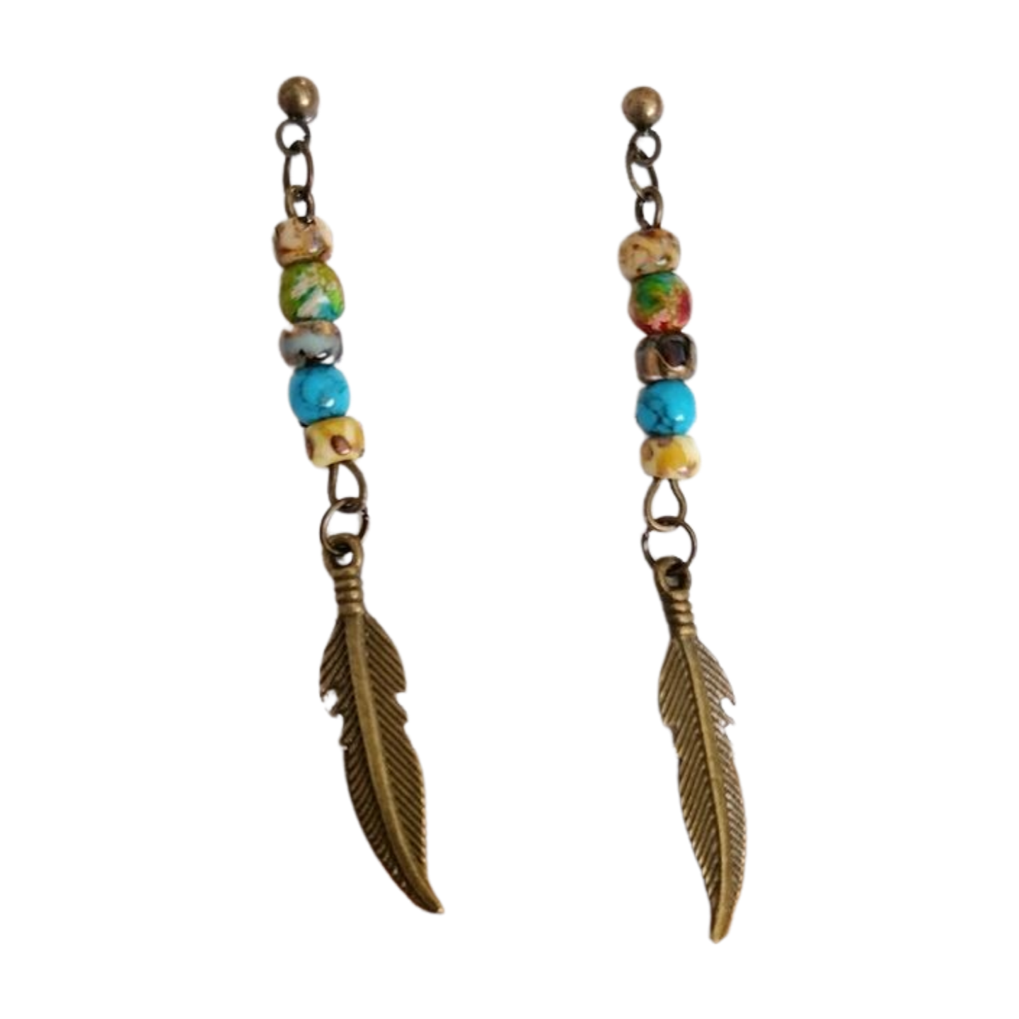 Nativa: Vintage Bronze-tone, Picasso Glass & Feather Charm, Ball-post Earrings