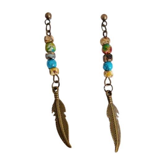Nativa: Vintage Bronze-tone, Picasso Glass & Feather Charm, Ball-post Earrings