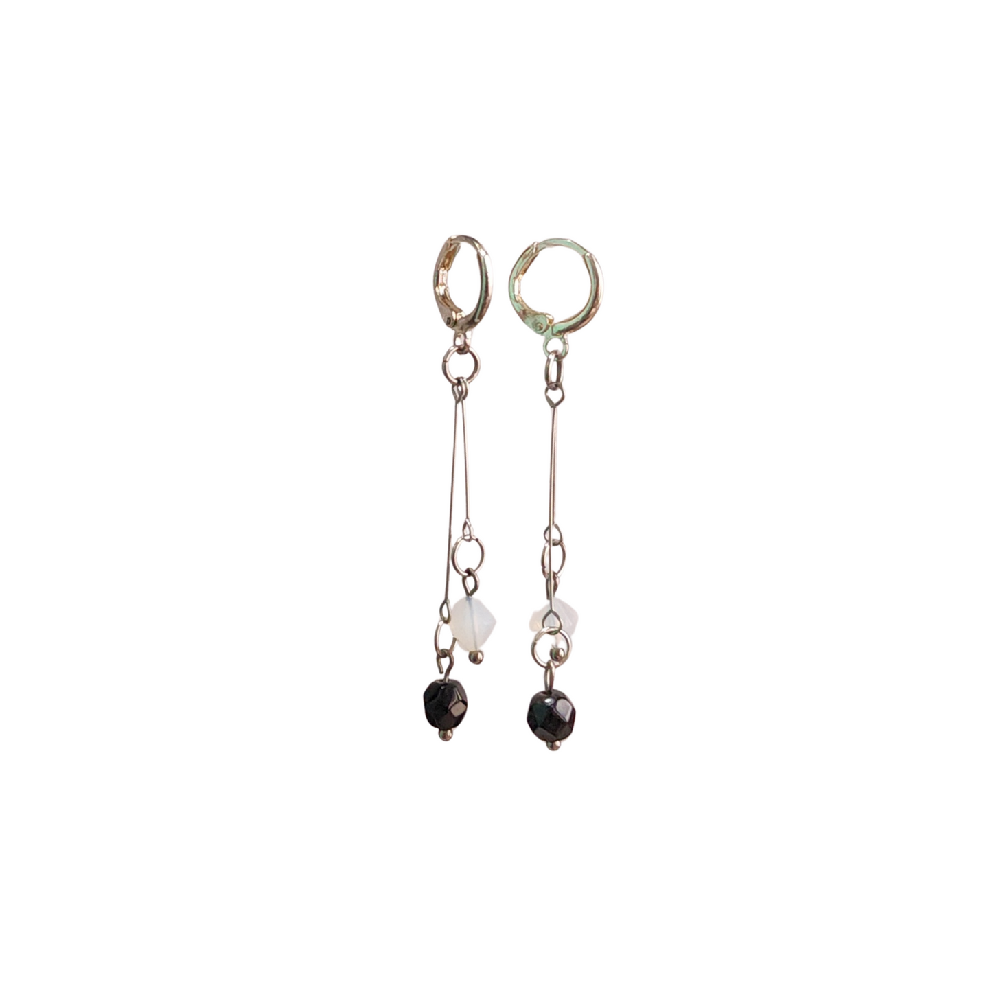 Modern Minimal Earrings | Onyx and Moonstone Glass Long Dangles with Sterling Silver plated Round Leverbacks