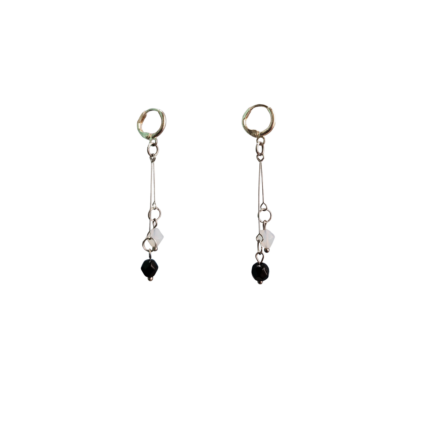 Modern Minimal Earrings | Onyx and Moonstone Glass Long Dangles with Sterling Silver plated Round Leverbacks