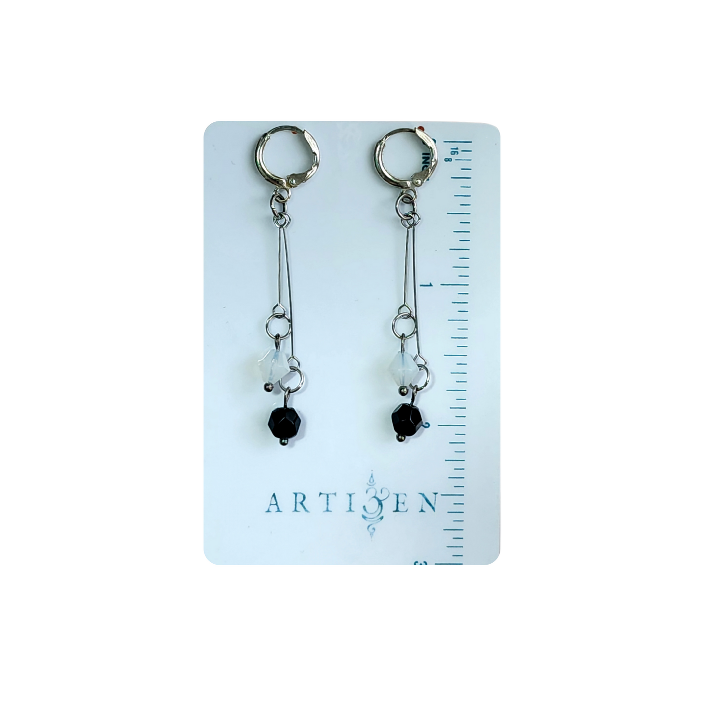 Modern Minimal Earrings | Onyx and Moonstone Glass Long Dangles with Sterling Silver plated Round Leverbacks