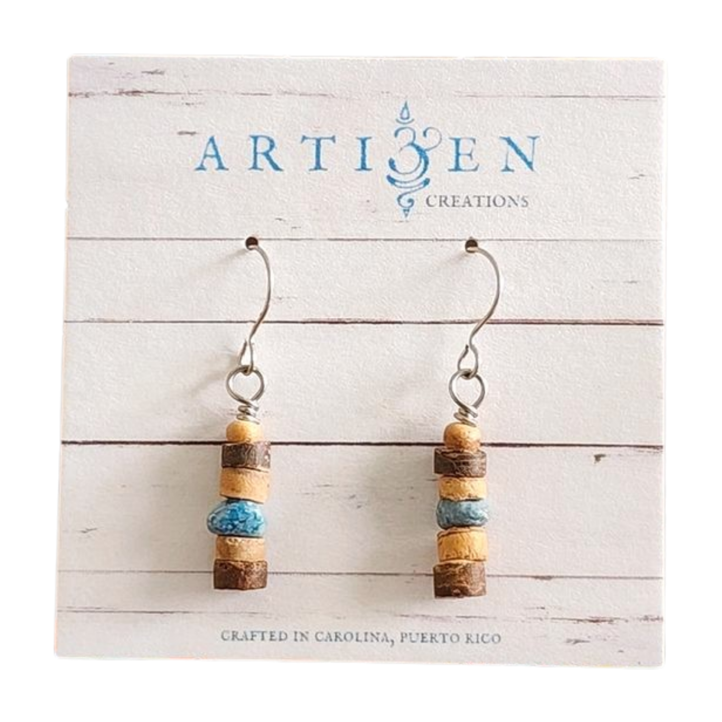 'Coco Beach' Earrings, Natural Coconut Shell, Dyed Quartz and Stainless Steel